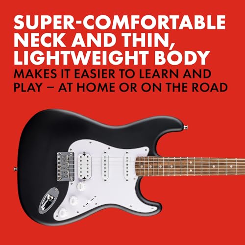 Squier by Fender スクワイヤー エレキギター Debut Collection™ Stratocaster® HT HSS, Laurel Fingerboard, White Pickguard, Black ソフトケース付きの特徴・詳細 画像