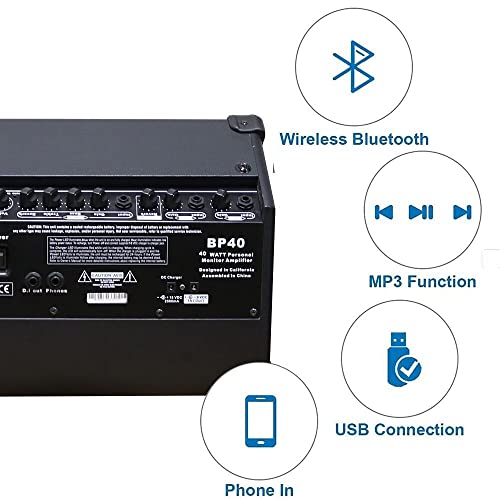 Coolmusic Battery Powered Acoustic amplifier,BT搭載 アコースティックギターアンプ コンパクト 軽量設計 40Wの大出力,3チャンネル、2バンドEQ、ブラックの特徴・詳細 画像