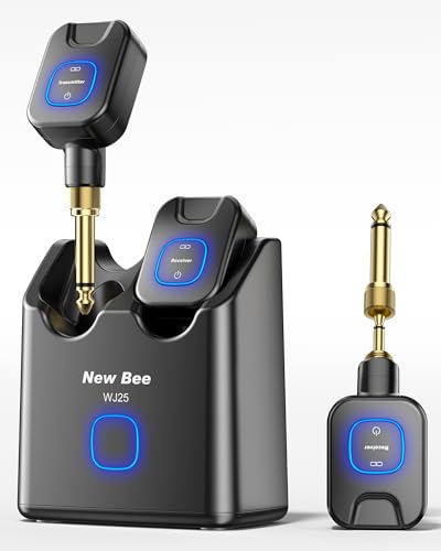 New Bee ギターワイヤレスシステム 5.8GHz エレキギター ベース 送受信機 6チャンネル 3.5mmと6.35mmプラグ 充電ケース付 技適マーク 210-218933 ブラック WJ25の外観・全体像 画像