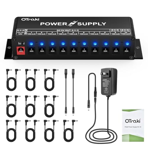 OTraki エフェクター 電源 10チャンネル 独立出力 ギター パワーサプライ LED指示機能 短絡保護 エフェクター電源ケーブル付き パワーサプライ 低騒音 電源供給 電源アダプター Electric Guitar Effect Power Supply 日本語説明書 ブラックの外観・全体像 画像