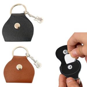 ギターピックケース 2 個セット 黒 + 茶色 PU レザー製 超軽量 キーチェーン付き 携帯便利 プレクトラム収納ポーチ エレキギター対応 音楽愛好家向け 贈り物に最適 1