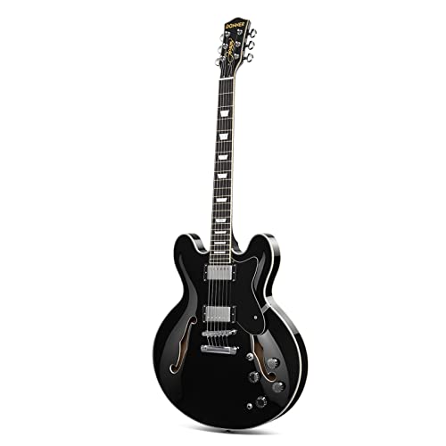 Donner セミアコギター エレキギター セミアコースティックギター セミホロウボディ ダブルカッタウェイ Jazz Electric Guitar with Semi-Hollow Body ブラック DJP-1000Dの外観・全体像 画像