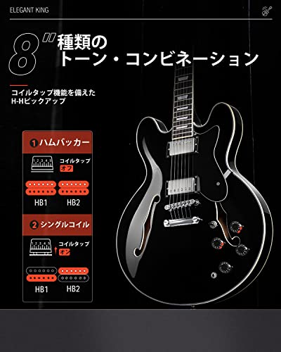 Donner セミアコギター エレキギター セミアコースティックギター セミホロウボディ ダブルカッタウェイ Jazz Electric Guitar with Semi-Hollow Body ブラック DJP-1000Dの特徴・詳細 画像