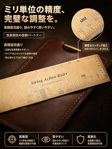 高精度 弦高ゲージ ギター 弦高定規 2 点セット 収納ケース付き ステンレス製 弦高測定ツール ギターメンテナンスツール ベース ウクレレ 測定工具 ルーラー シルバー 両面目盛り 初心者向けの特徴・詳細 画像