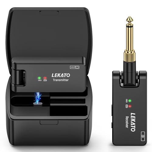 LEKATO ギターワイヤレス ギターワイヤレスシステム WS-100 ベース エレキギター 送受信機 3.5mmと6.35mm モノラルプラグ付き 2.4GHz 4チャンネル USB充電 軽量 コンパクト 190°回転 ブラックの外観・全体像 画像